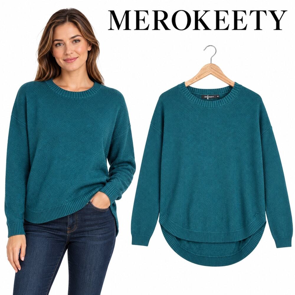 MEROKEETY Women’s Medium Teal Textured Knit High-Low Sweater NWT